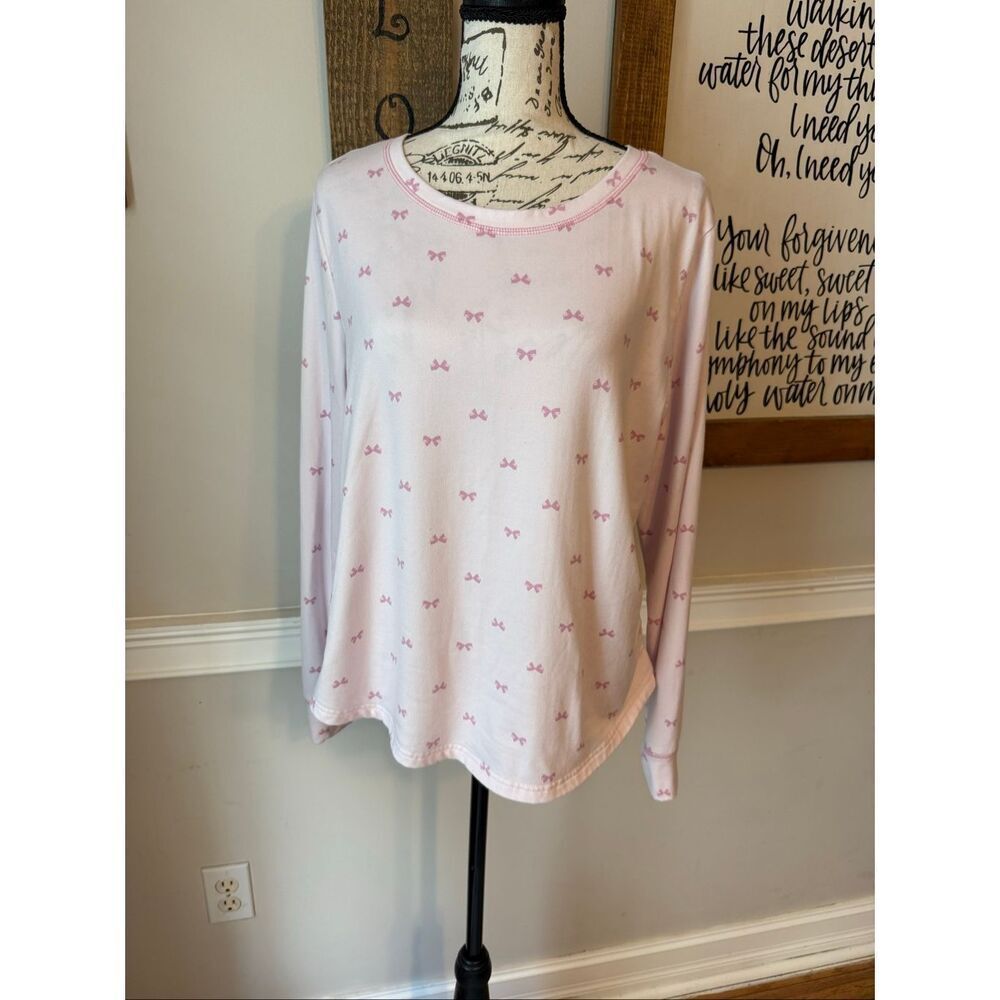 Laura Ashley Womens Bow Print Crew Neck Long Sleeve Pajama Top Light Pink Medium